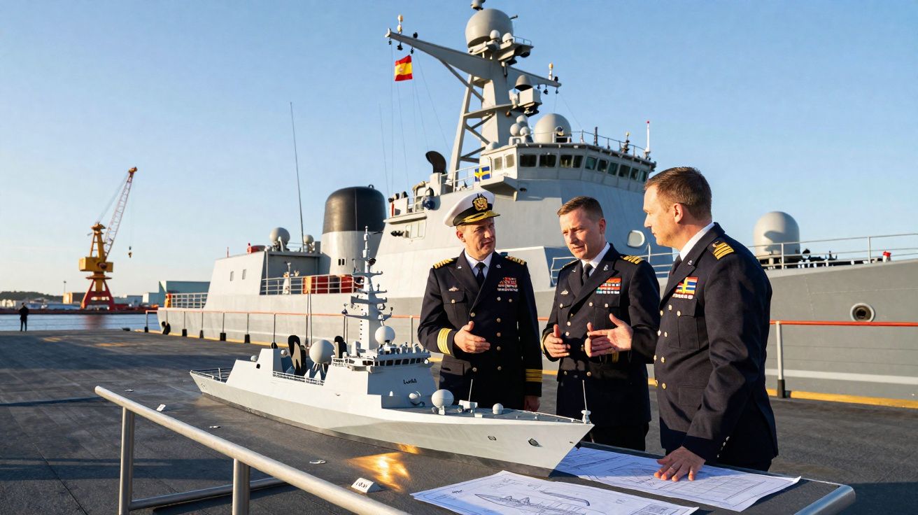 Três oficiais navais em uniforme discutem perto de maquete de navio e plantas num cais com navio militar ao fundo.