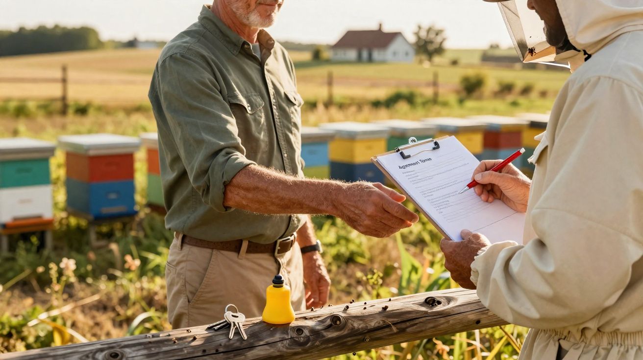 Apicultor com fato protetor assina documento entregue por homem em campo junto a colmeias coloridas.