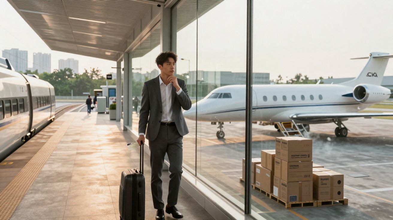 Homem de fato cinzento com mala à roda num terminal ferroviário com comboio e avião privado visíveis.
