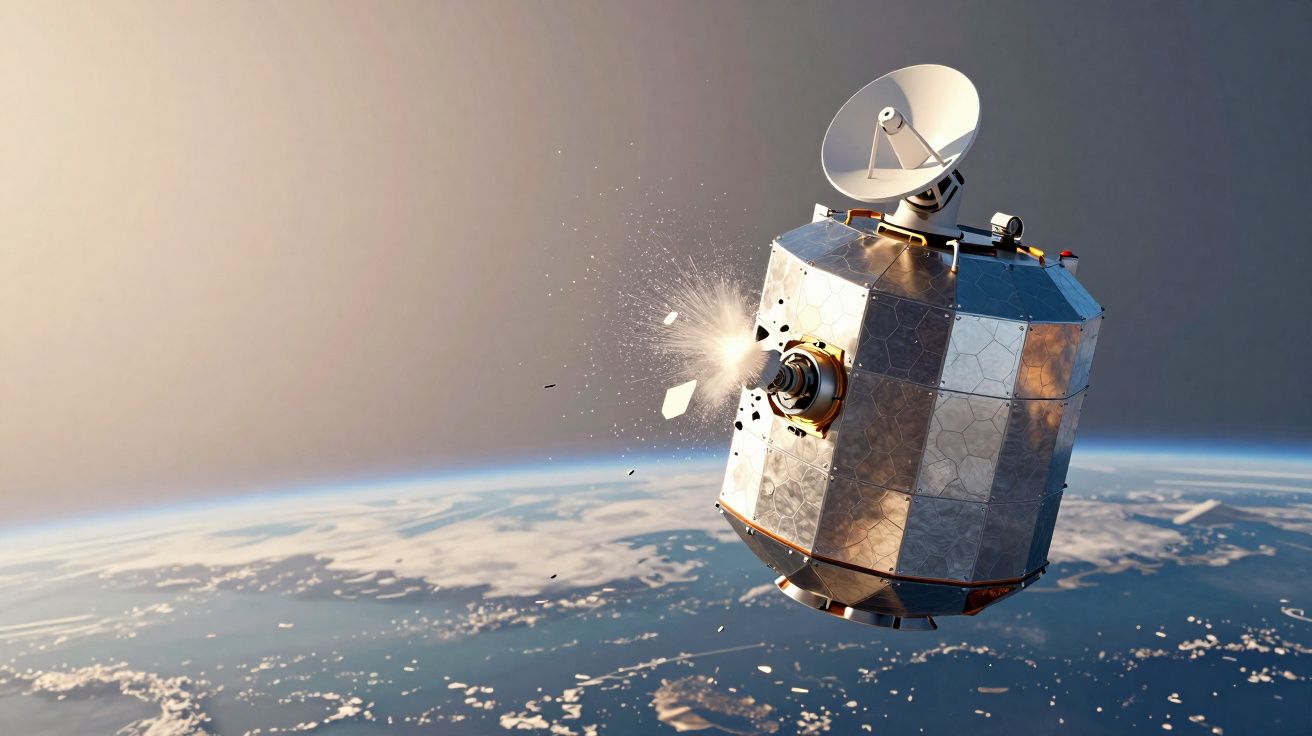 Satélite espacial a sofrer impacto e libertar detritos em órbita terrestre acima do planeta.