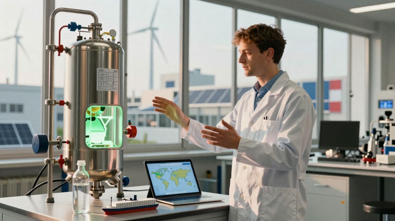 Cientista em laboratório com equipamento e mapa do mundo no laptop em fundo com turbinas eólicas.