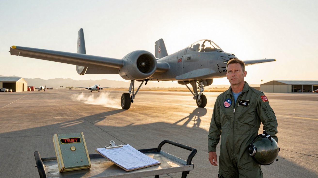Piloto em fato de voo com capacete ao lado de um jato militar estacionado numa pista ao pôr do sol.