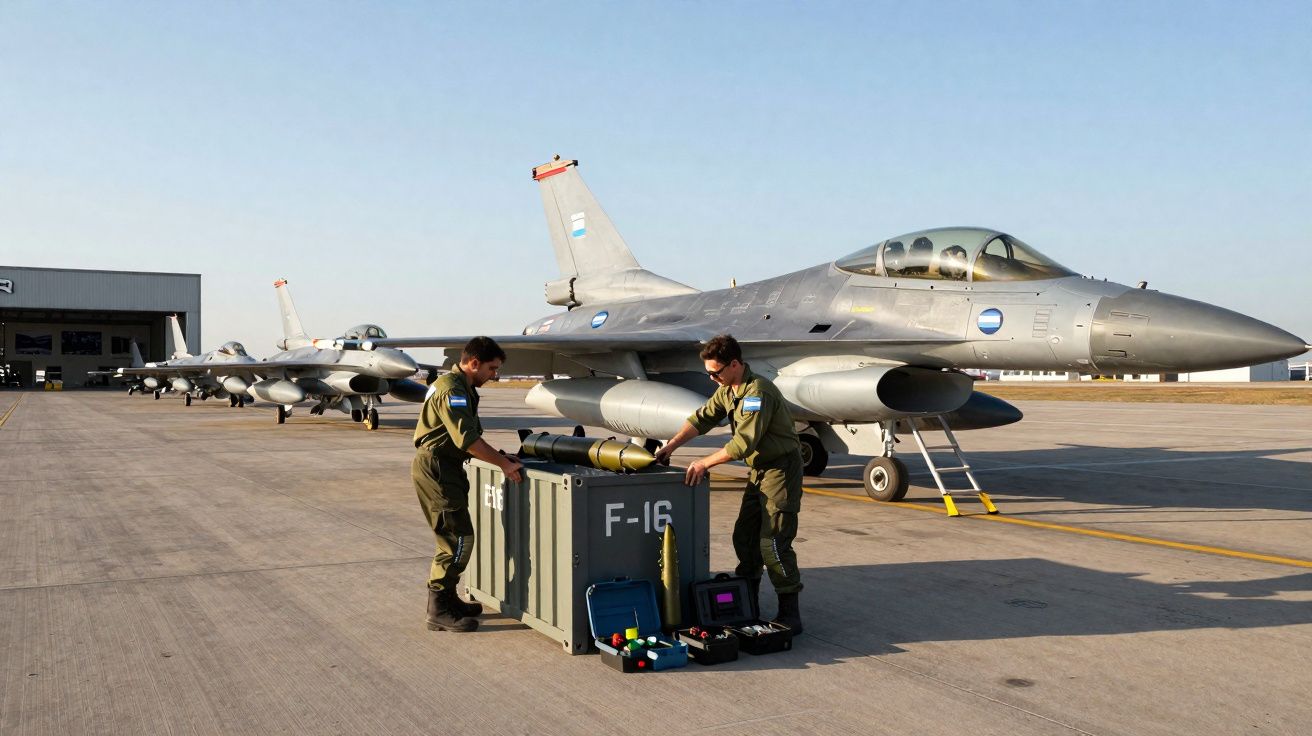 Dois militares preparam munições junto a caixote marcado com F-16 numa pista com vários jatos de combate estacionados.