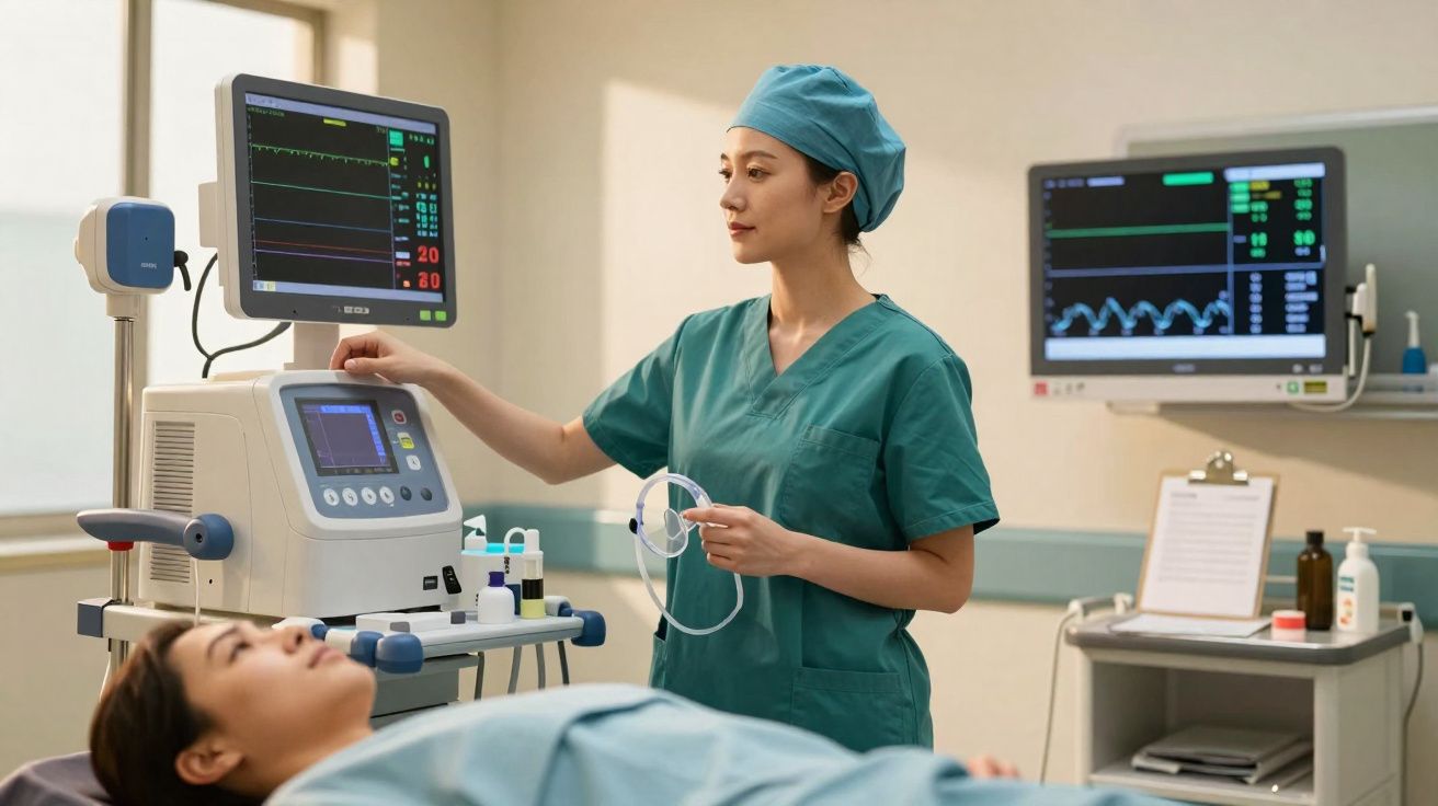 Enfermeira em uniforme azul-verde a ajustar monitor de sinais vitais junto a paciente hospitalizado.