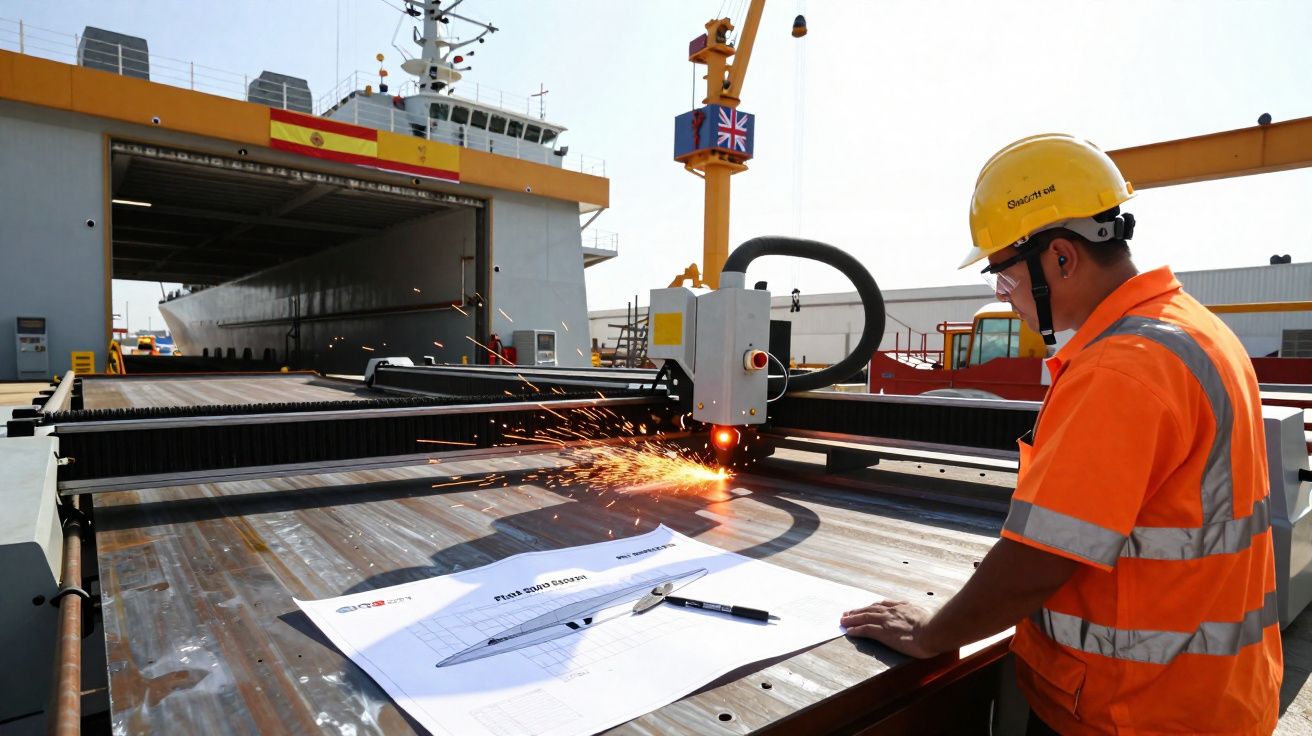 Trabalhador em colete laranja e capacete a cortar chapa metálica com máquina, com plano e caneta numa mesa no estaleiro naval