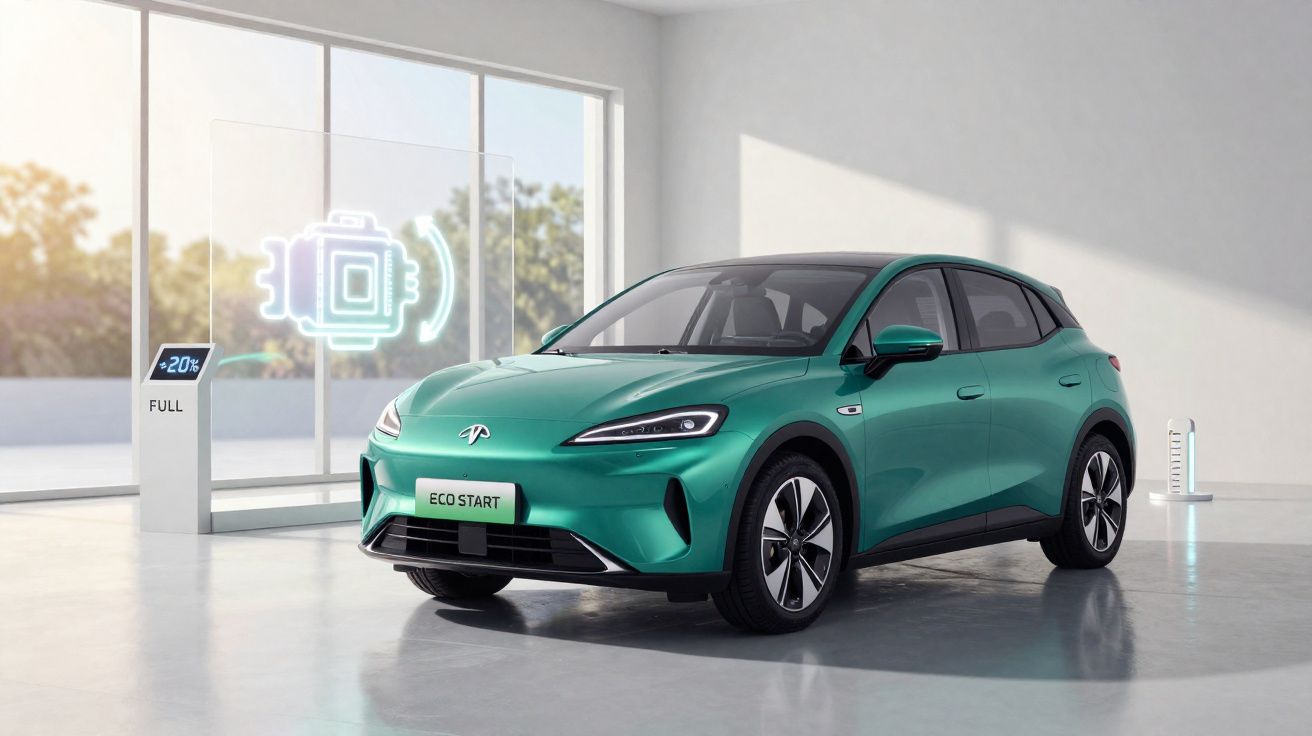 Carro elétrico verde estacionado numa sala moderna com ícones digitais a simbolizar carregamento.