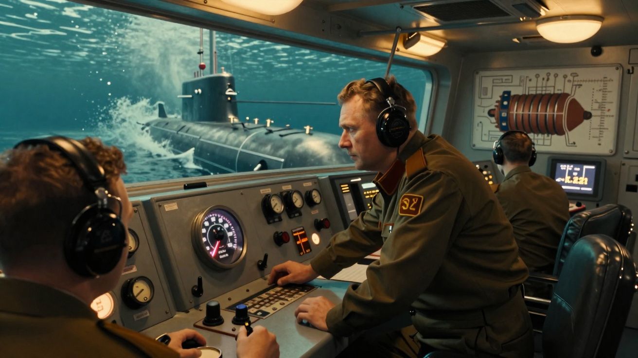 Dois militares com auscultadores operam equipamentos num submarino, com vista para outro submarino através da janela.