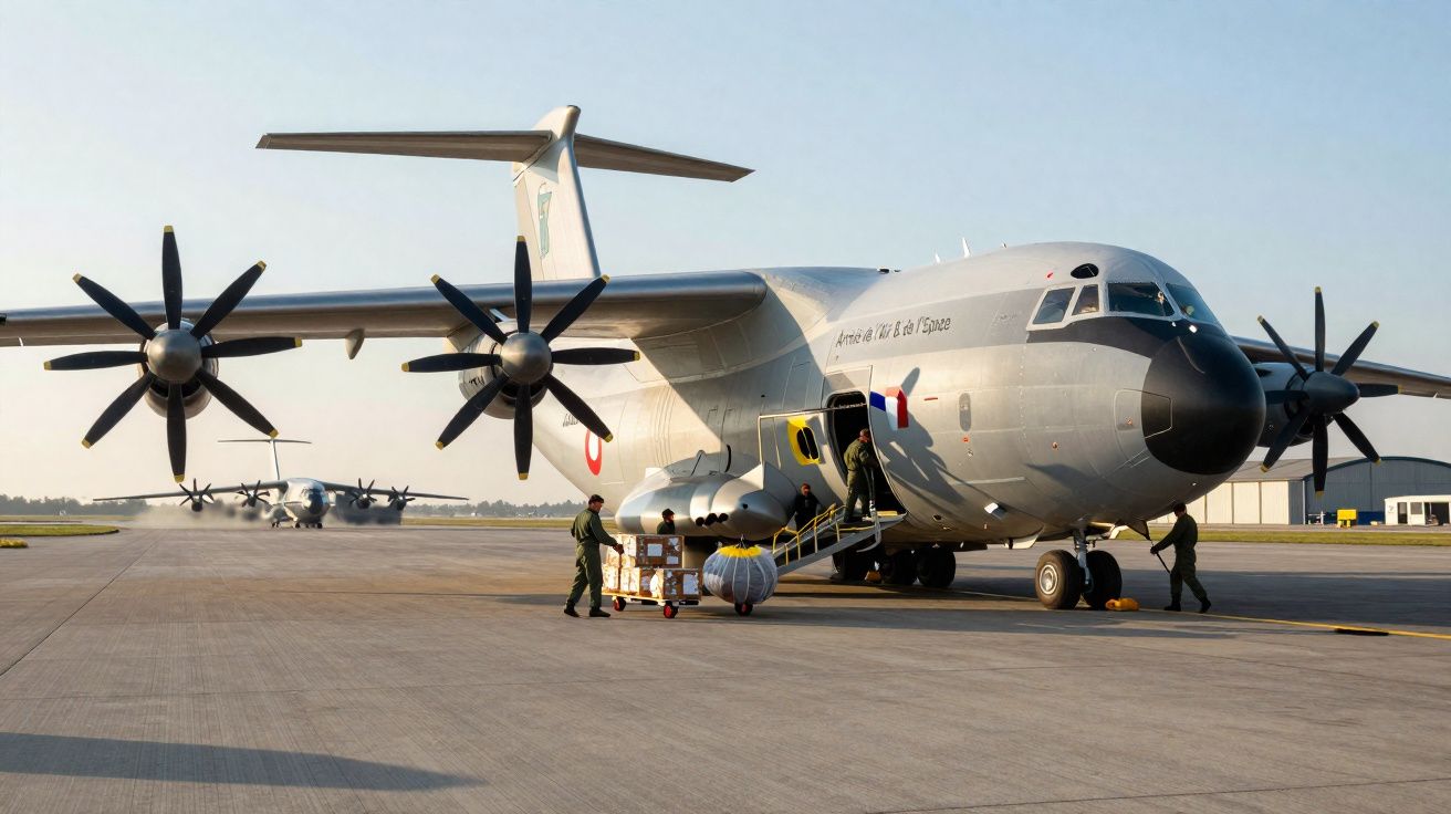 Aeronave militar com helicópteros no solo e soldados a transportar equipamento no aeroporto.