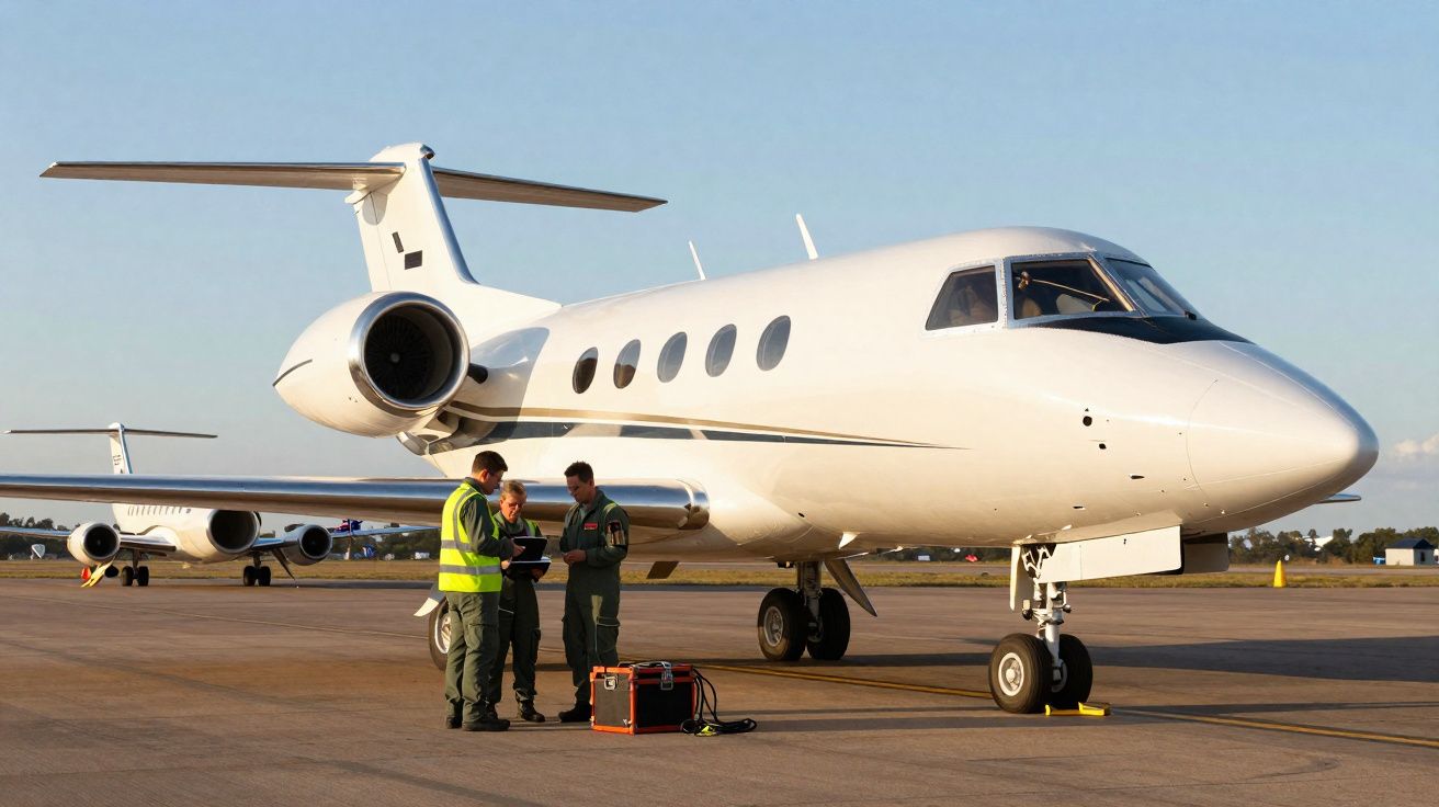 Avião executivo branco estacionado numa pista com três pessoas em uniforme a conversar.