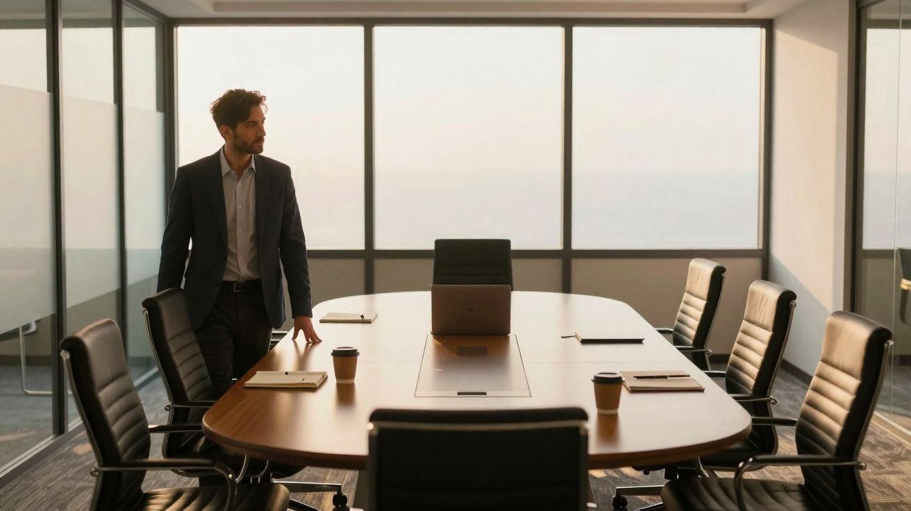 Homem de fato junto a mesa de reunião com cadeiras e janelas grandes num escritório moderno.