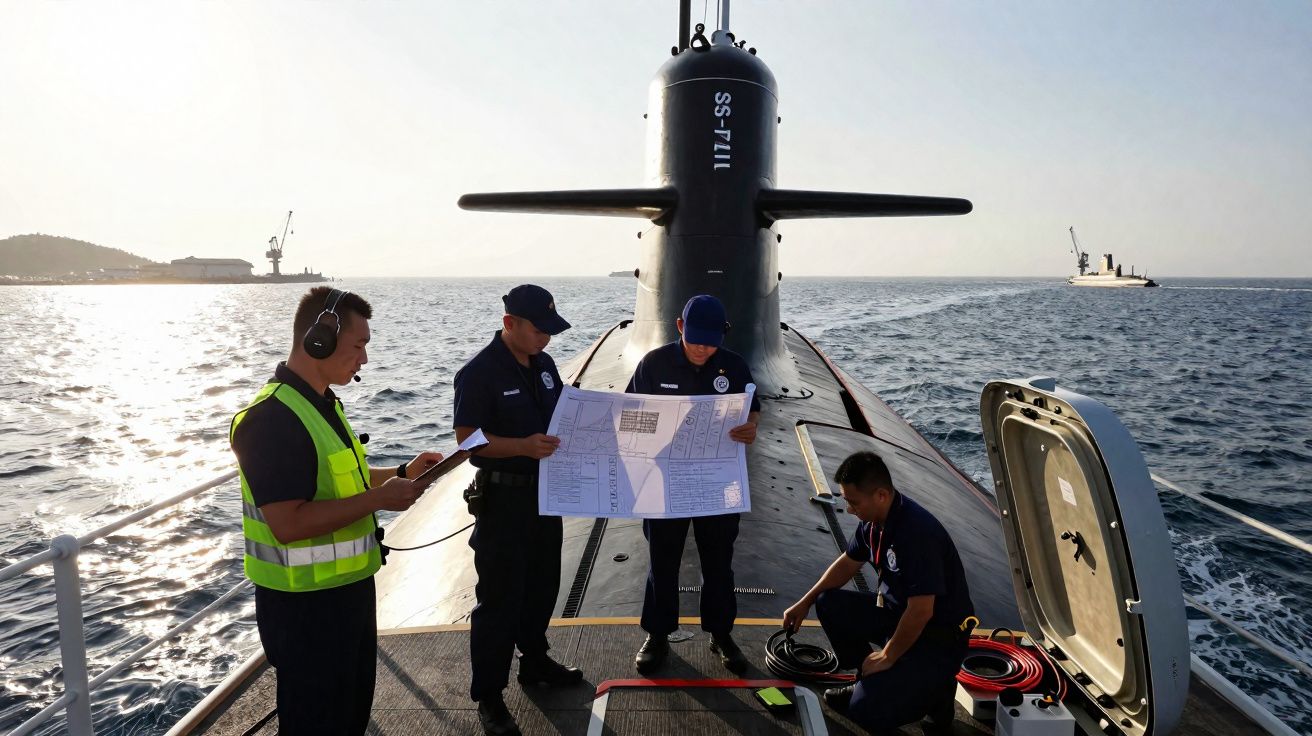 Quatro militares a bordo de um submarino, com dois a analisarem mapas e outros a operarem equipamentos.