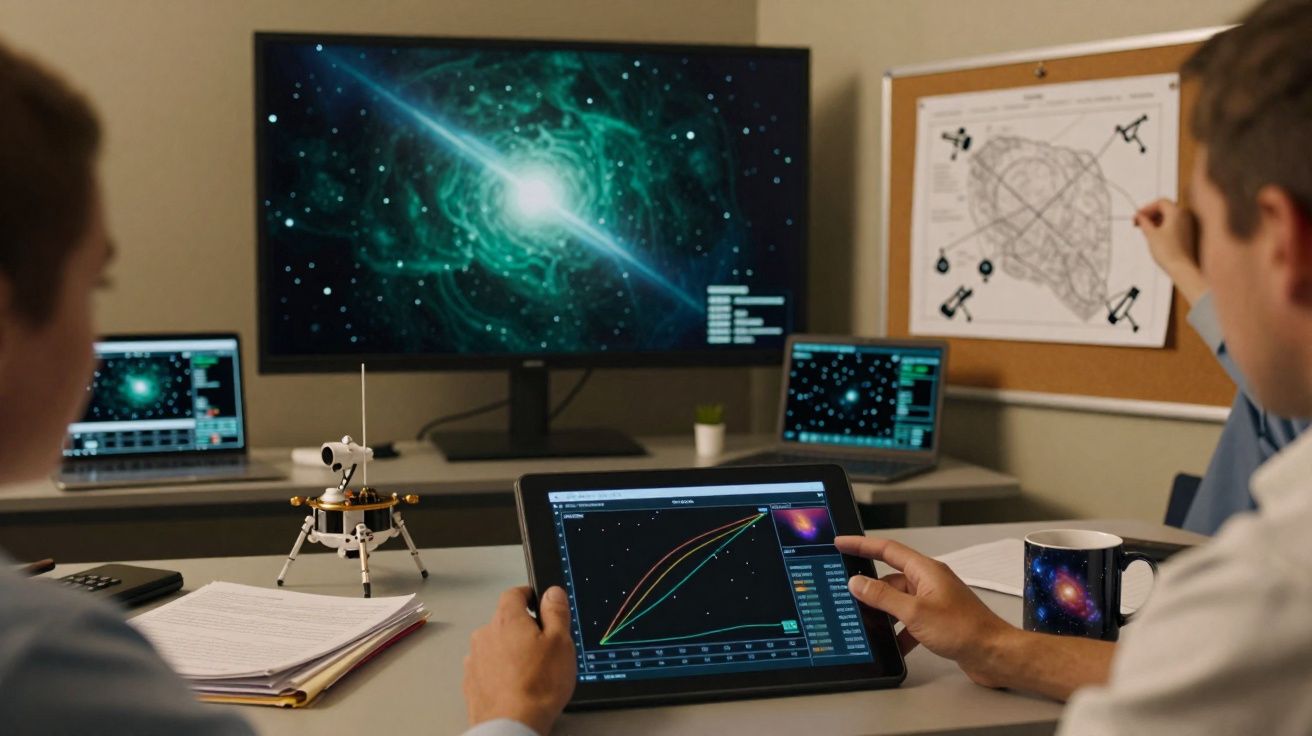 Duas pessoas a analisar gráficos e imagens astronómicas em tablets e computadores num escritório.