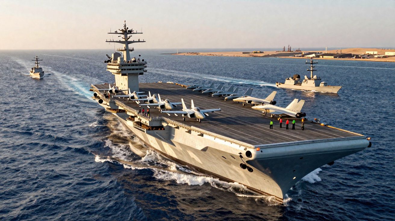 Porta-aviões militar em mar aberto com vários aviões de caça no convés e escoltas marítimas ao redor.