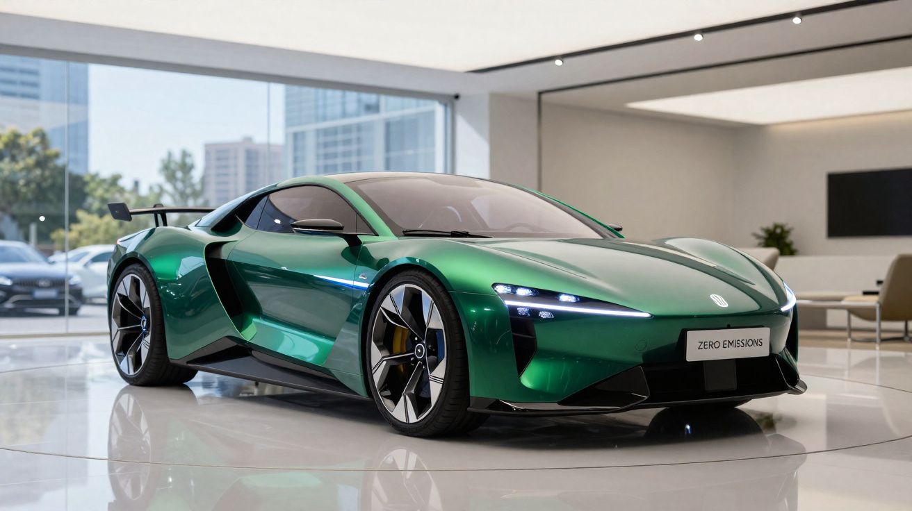 Carro desportivo elétrico verde metálico estacionado num showroom moderno com janelas amplas.