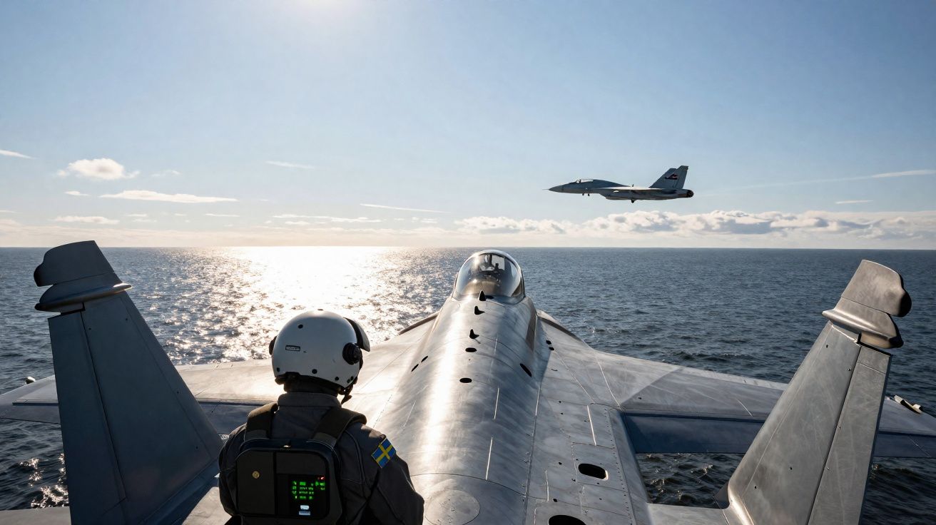 Piloto militar com capacete na asa de caça sobre o mar, com outro caça a voar ao fundo ao pôr do sol.