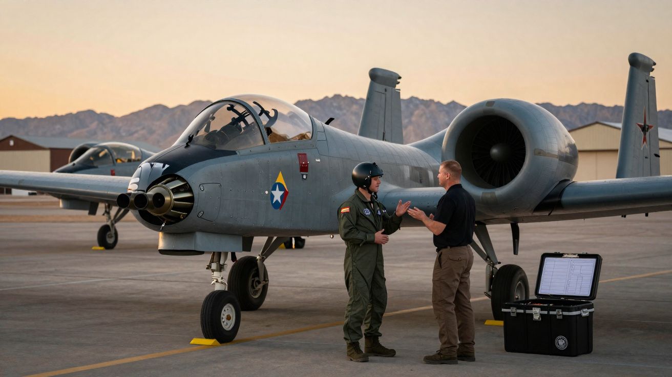 Avião militar estacionado numa pista com dois homens, um fardado e outro casual, a conversar ao lado.