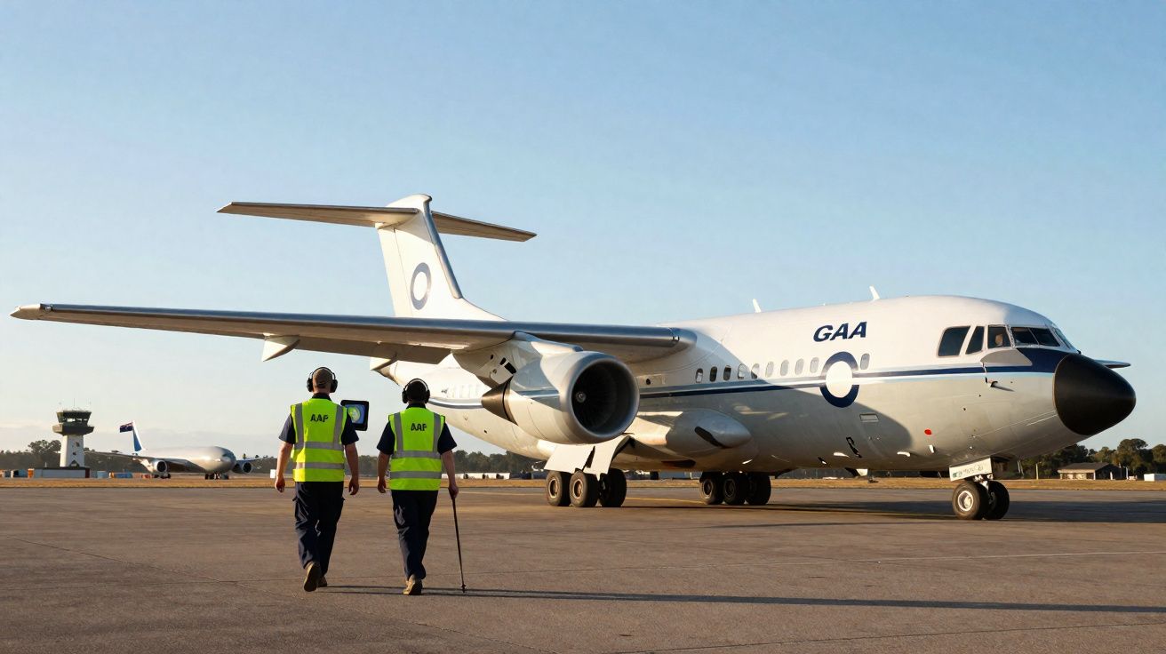 Avião branco estacionado em pista de aeroporto com duas pessoas de colete amarelo a caminhar.