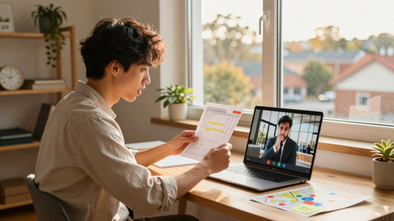 Homem a trabalhar em casa, analisando documento durante videoconferência com colega no portátil.