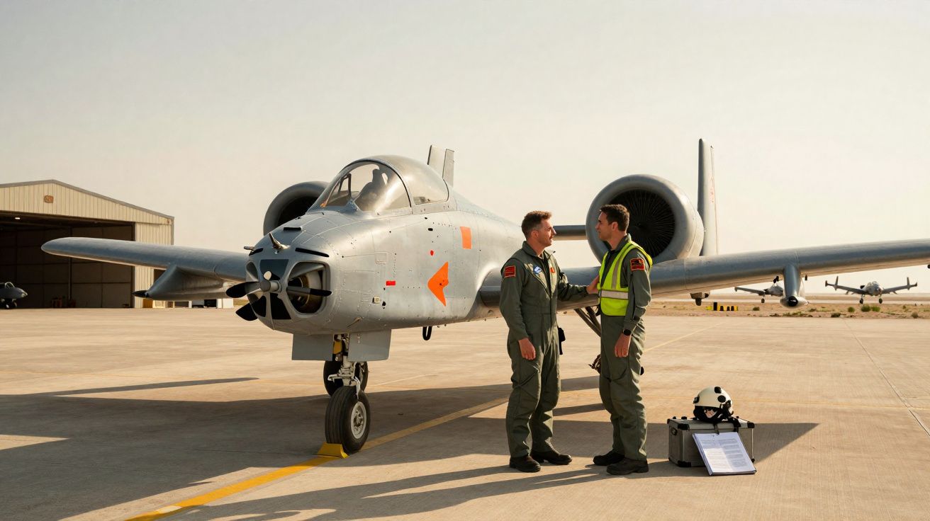 Dois militares em fato de voo junto a um avião de ataque A-10 Thunderbolt II num aeródromo.