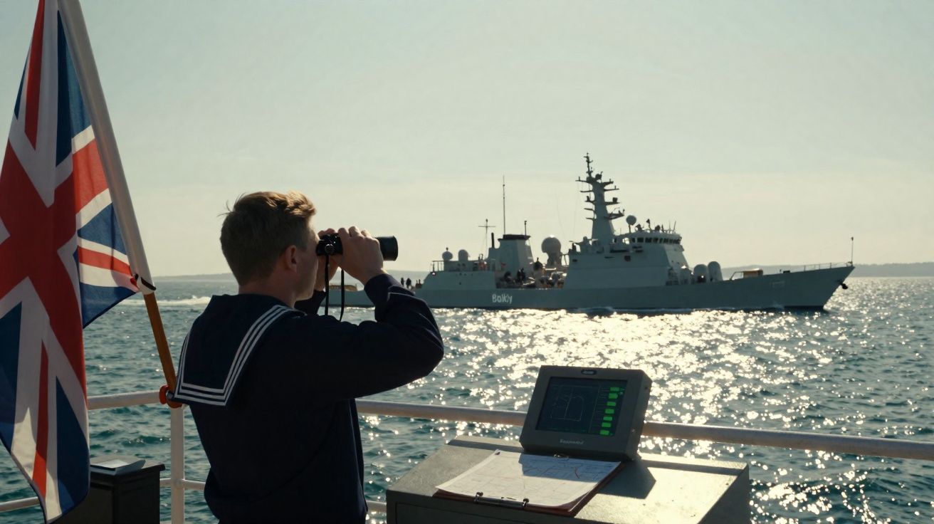 Marinheiro da Marinha Britânica observa com binóculos um navio militar no mar ao pôr do sol.