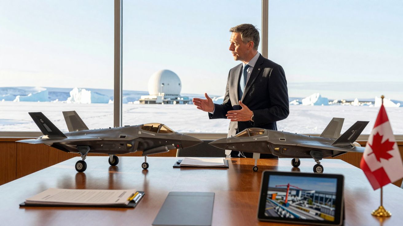 Homem de fato fala sobre dois modelos de aviões de combate em mesa com bandeira do Canadá e paisagem de neve ao fundo.