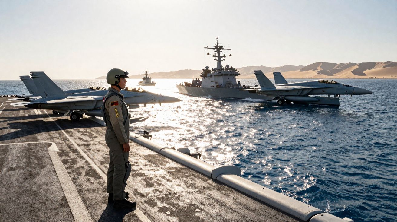 Militar em movimentação num porta-aviões com caças F/A-18 e navios de guerra no mar ao fundo.