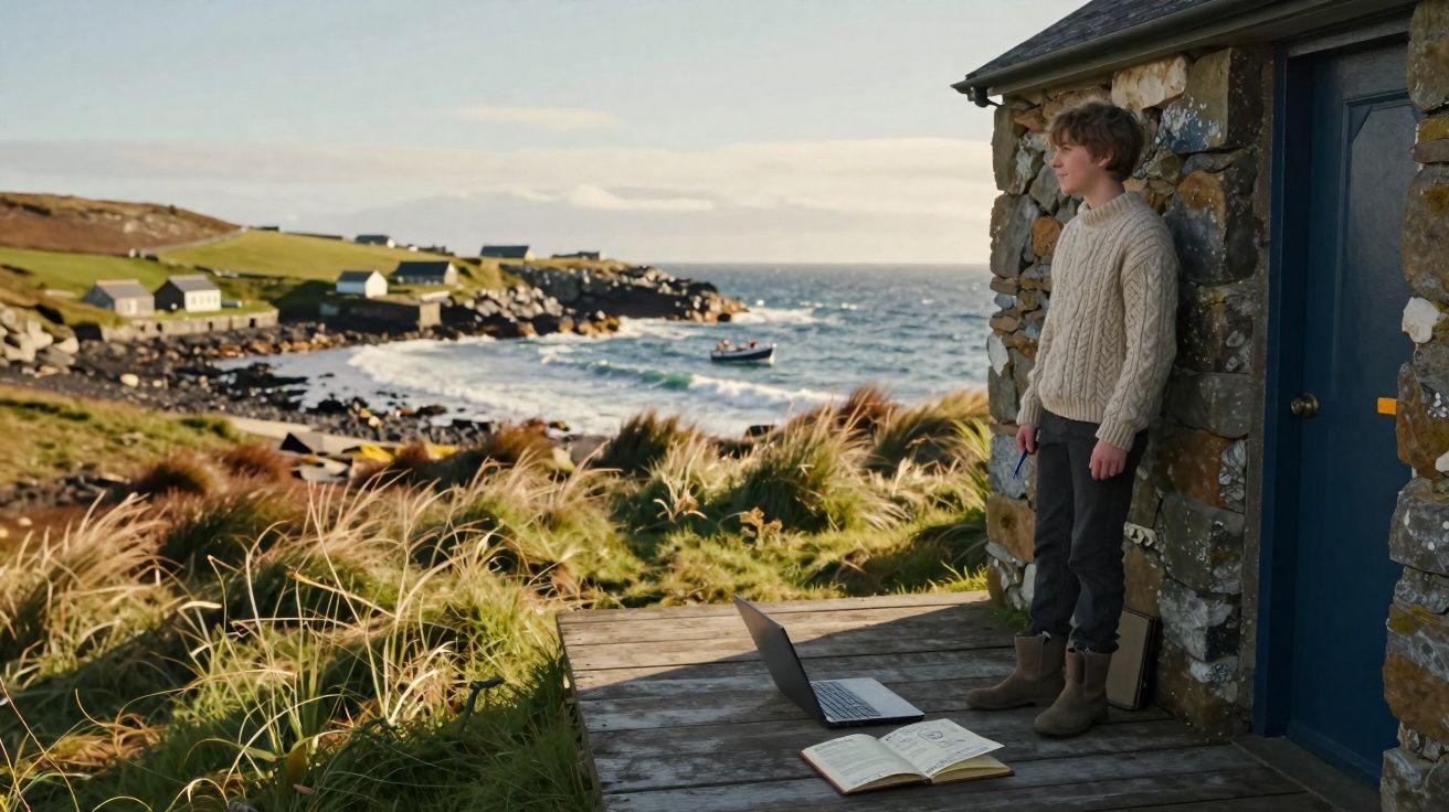 Jovem com camisola bege junto a casa rústica, olhando para o mar com caderno e portátil numa varanda.