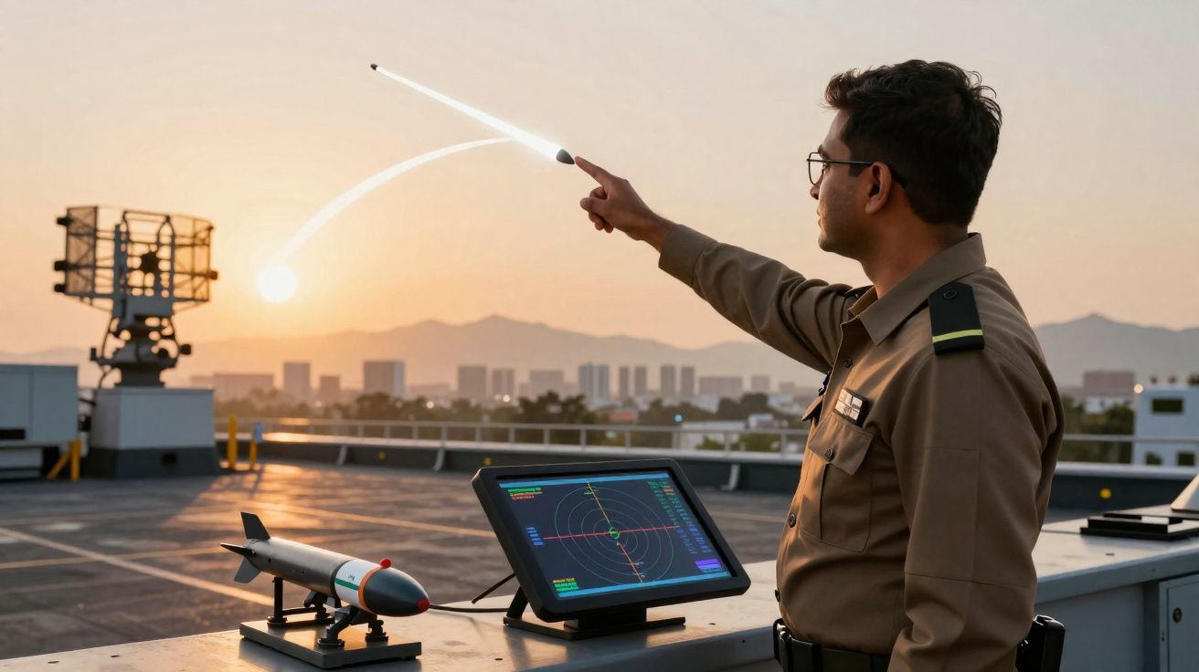 Homem em uniforme militar aponta para o céu ao pôr do sol junto a radar e miniatura de míssil.