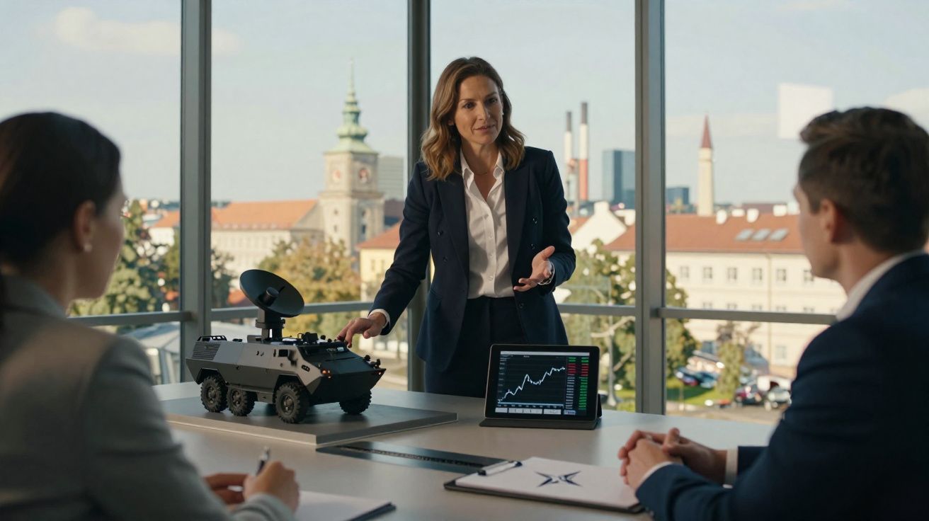 Mulher apresenta veículo militar autónomo a colegas numa sala de reuniões com vista urbana ao fundo.