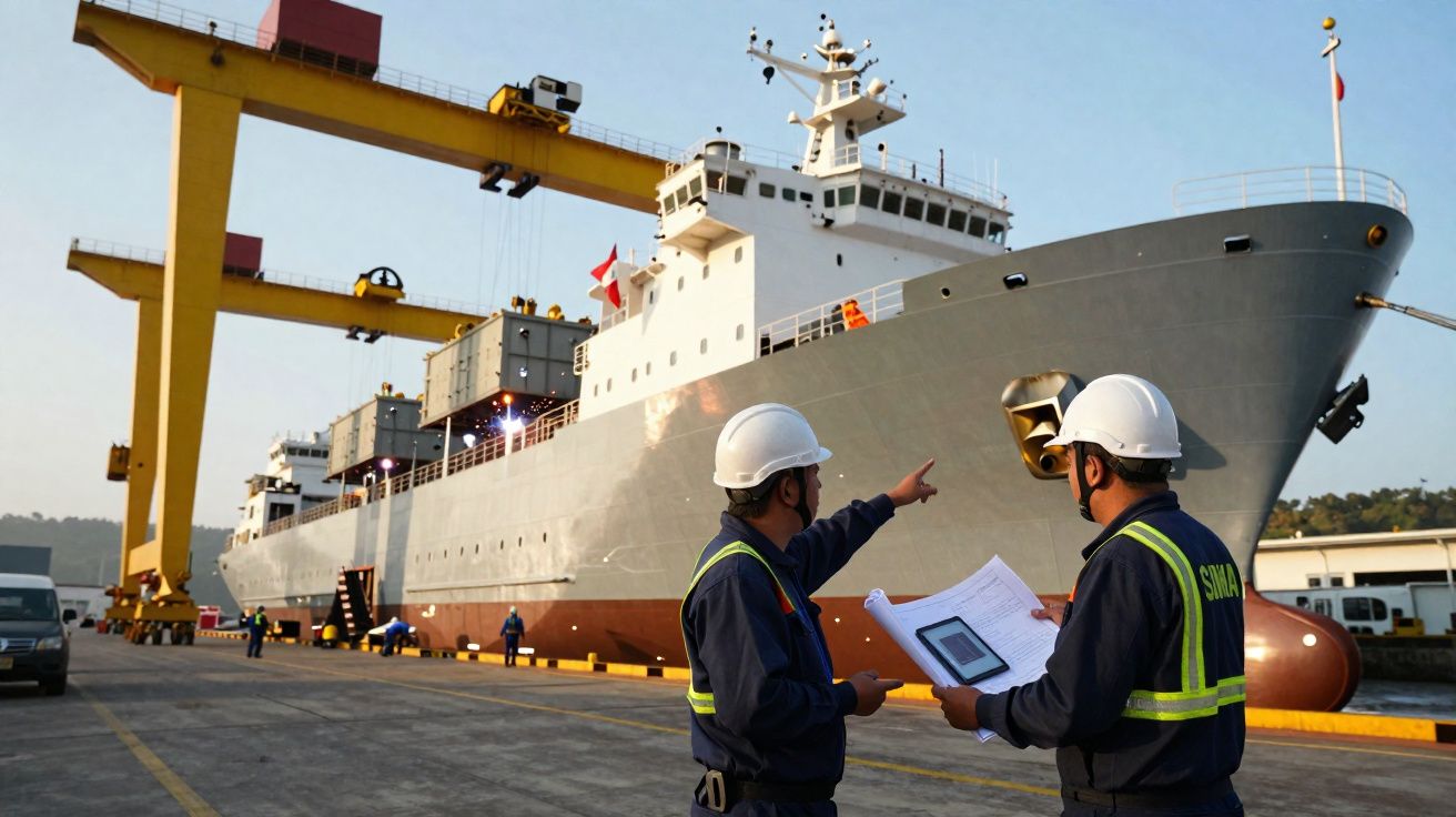 Dois trabalhadores com capacetes e coletes refletores inspecionam navio cargueiro no porto industrial ao pôr do sol.