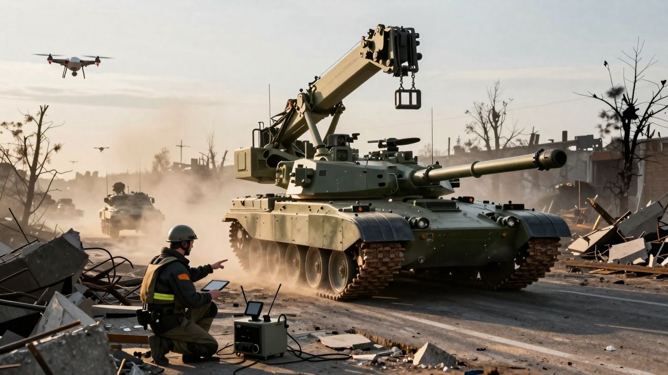 Soldado com drone controla tanque militar num cenário urbano destruído e empoeirado.