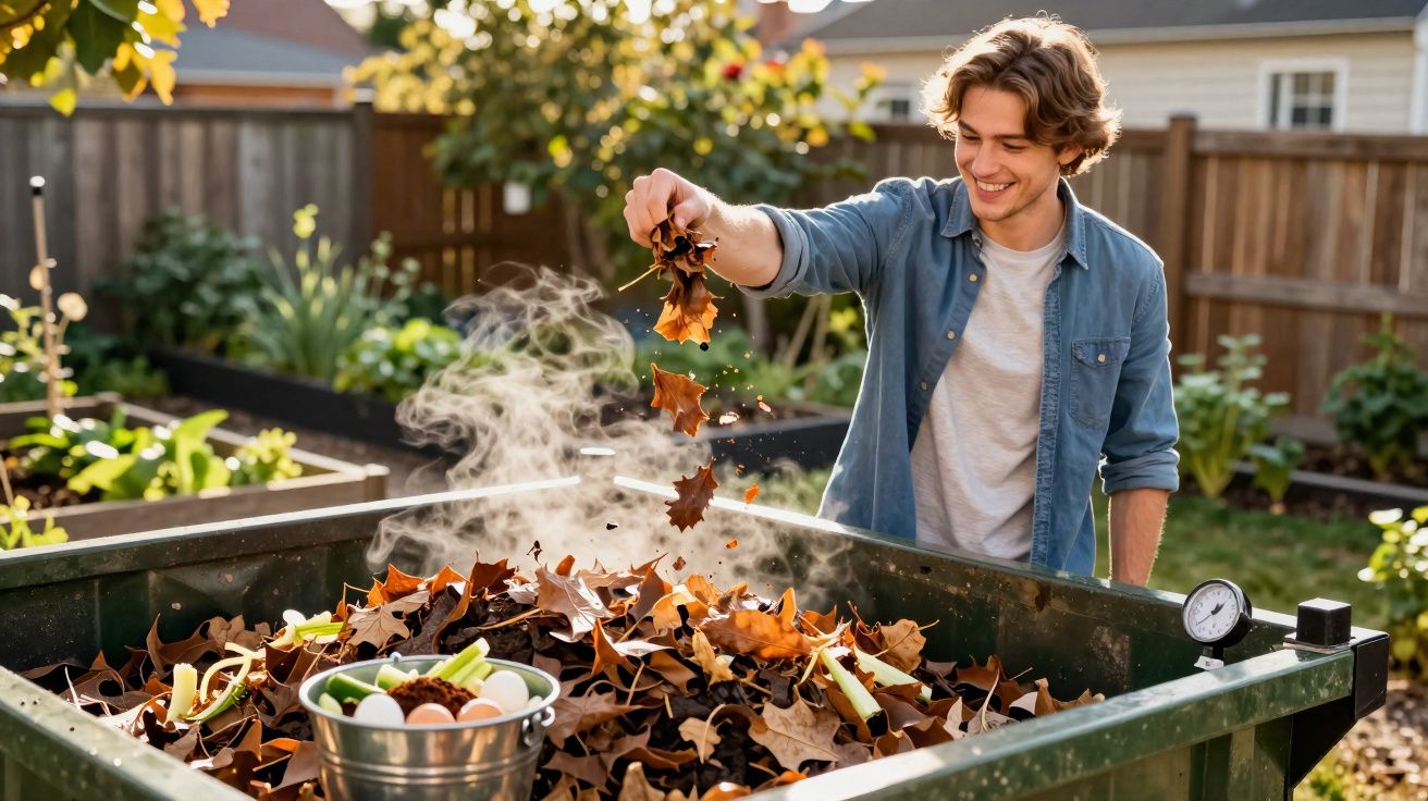 Jovem sorridente adiciona folhas secas a compostor de jardim em dia de sol.