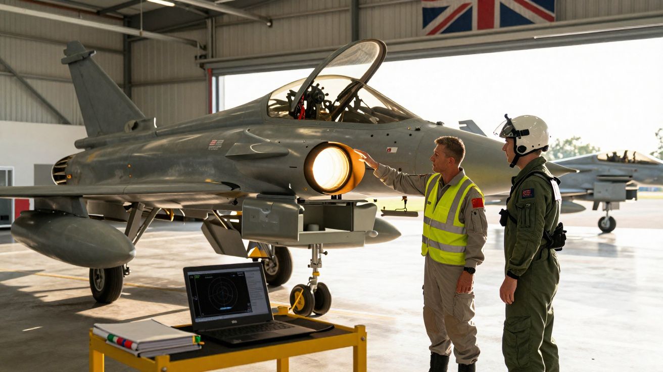 Dois homens em uniforme ao lado de um caça militar num hangar com computador e bandeira britânica ao fundo.