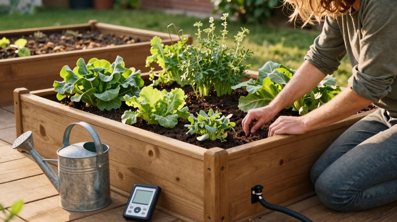Pessoa a cuidar de hortas em canteiro de madeira elevado, com regador e sensor de humidade ao lado.