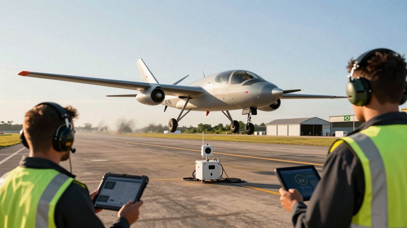 Duas pessoas em coletes refletivos operam drones num aeroporto enquanto um drone descola ao fundo.