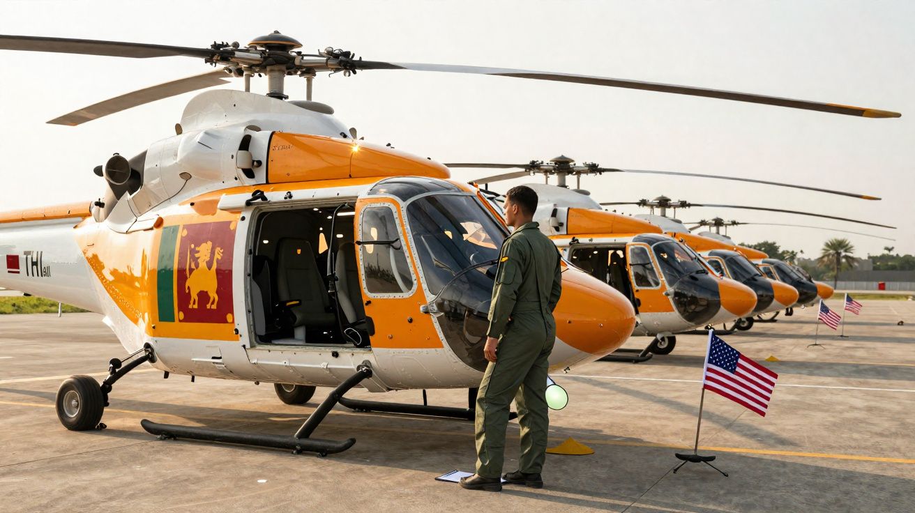 Helicópteros militares alinhados no pátio com piloto em uniforme verde e bandeiras americanas ao lado.