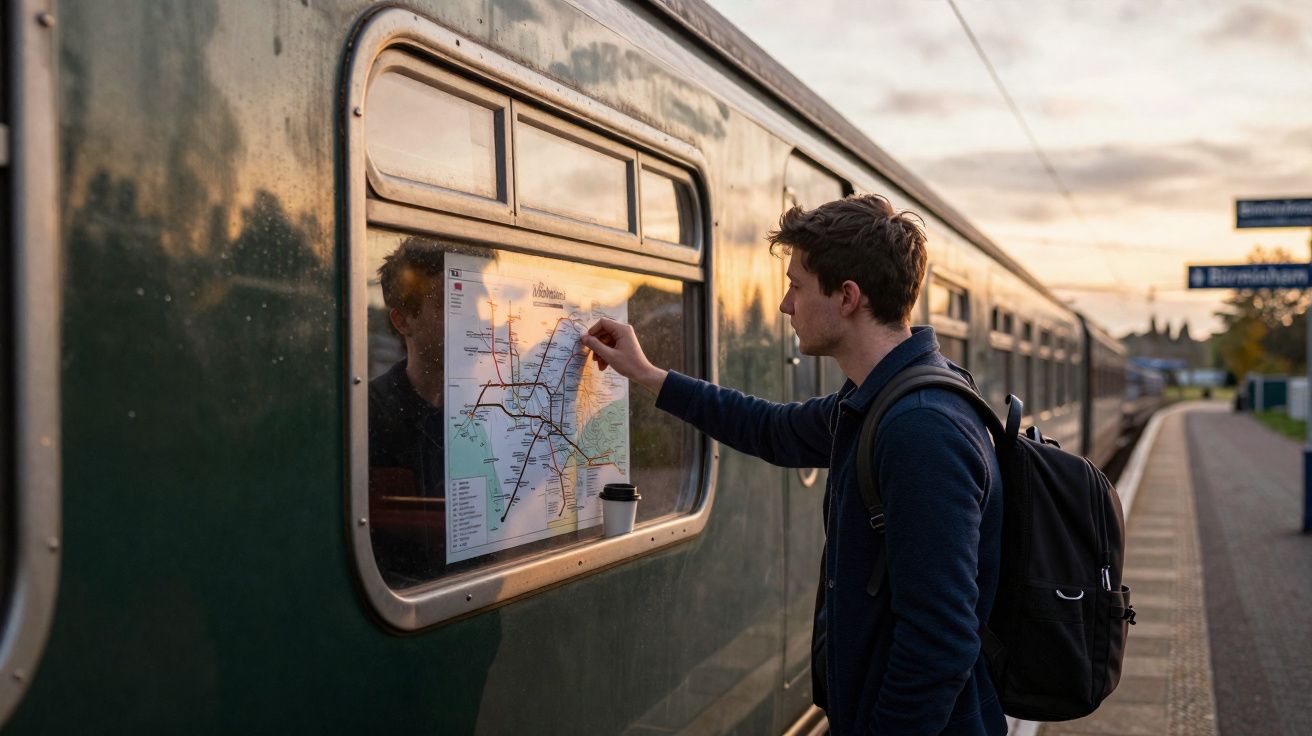 Jovem com mochila consulta mapa de itinerários numa janela de comboio numa estação ao entardecer.