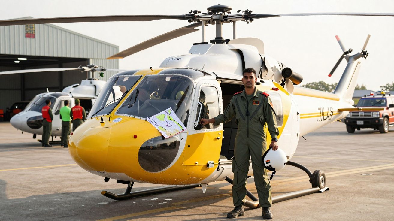 Homem em uniforme militar junto a helicóptero amarelo e branco numa pista de aeroporto ao entardecer.
