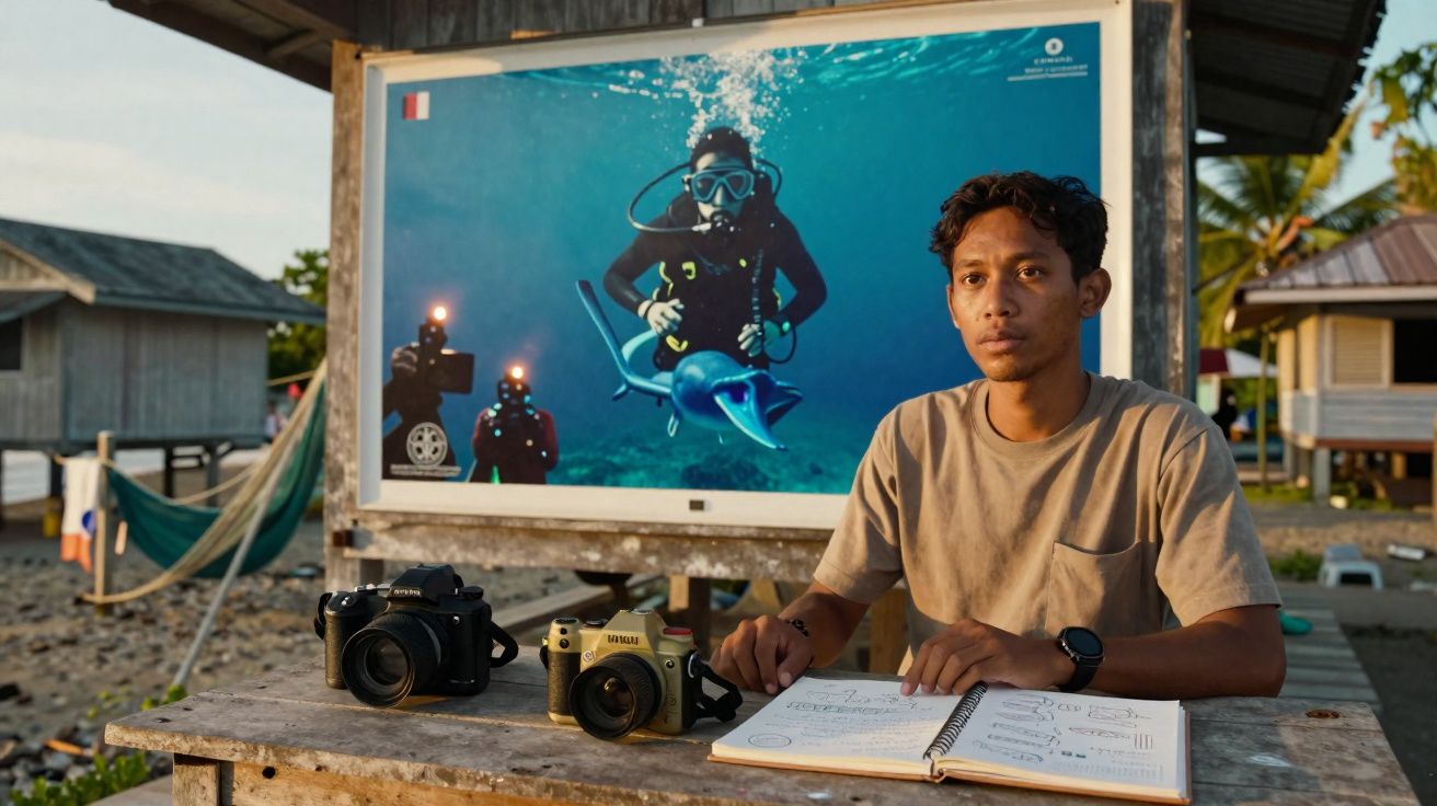 Jovem sentado à mesa com duas câmaras, caderno aberto e painel de mergulhador a fotografar golfinho ao fundo.