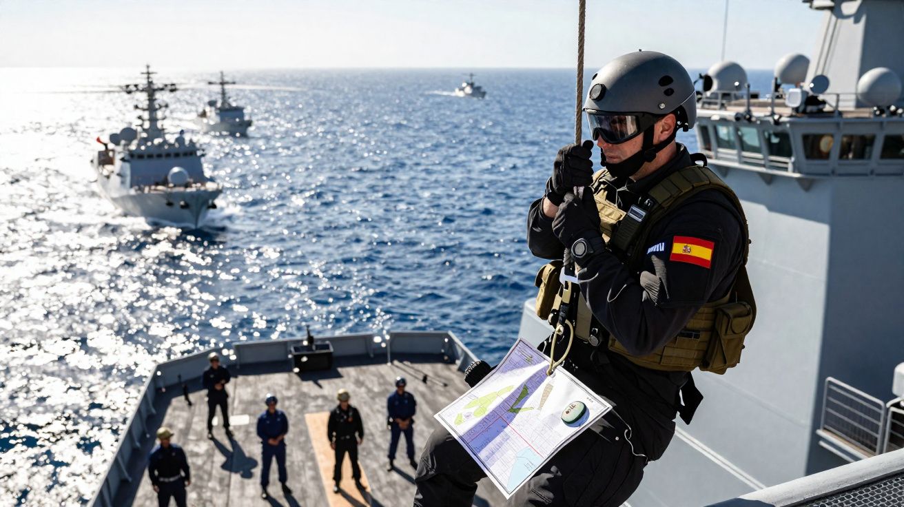 Militar a descer por corda em navio de guerra com outros militares e navios ao largo no mar.