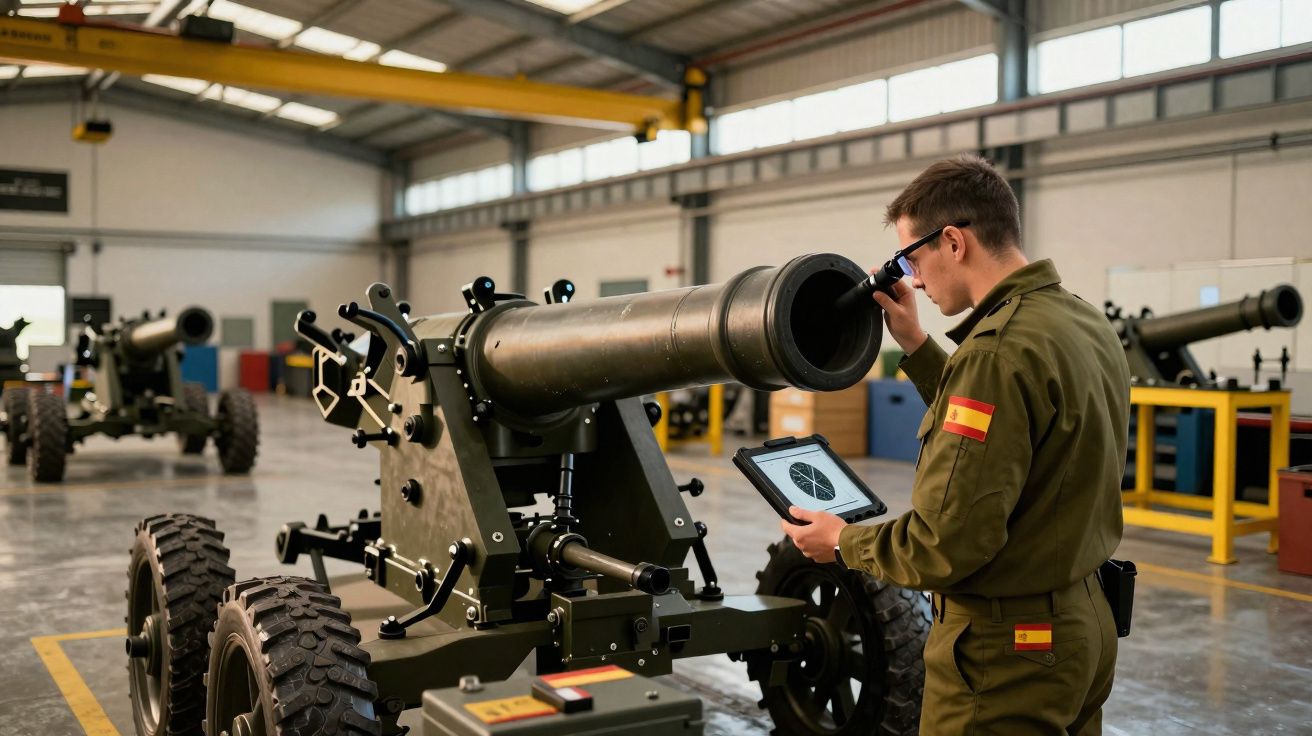 Soldado em uniforme com bandeira espanhola inspeciona canhão num armazém militar com várias peças de artilharia.