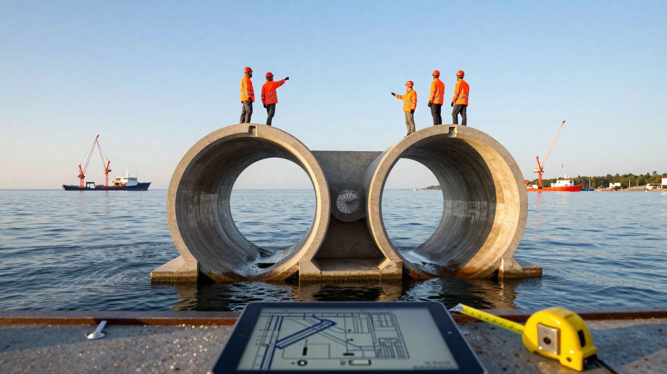 Cinco trabalhadores de construção em coletes e capacetes vermelhos em cima de grandes tubos de cimento tubular sobre água.