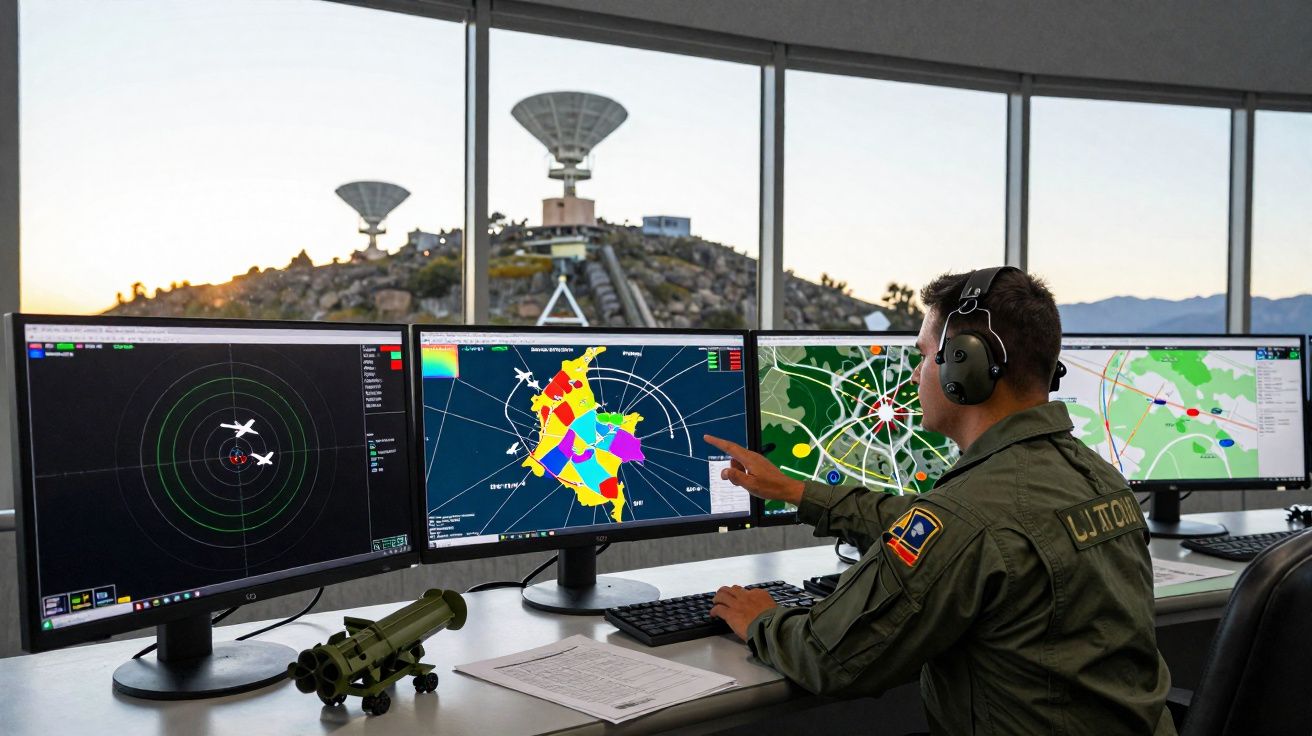 Homem com uniforme militar monitoriza várias telas de radar e mapas numa sala com janelas grandes.