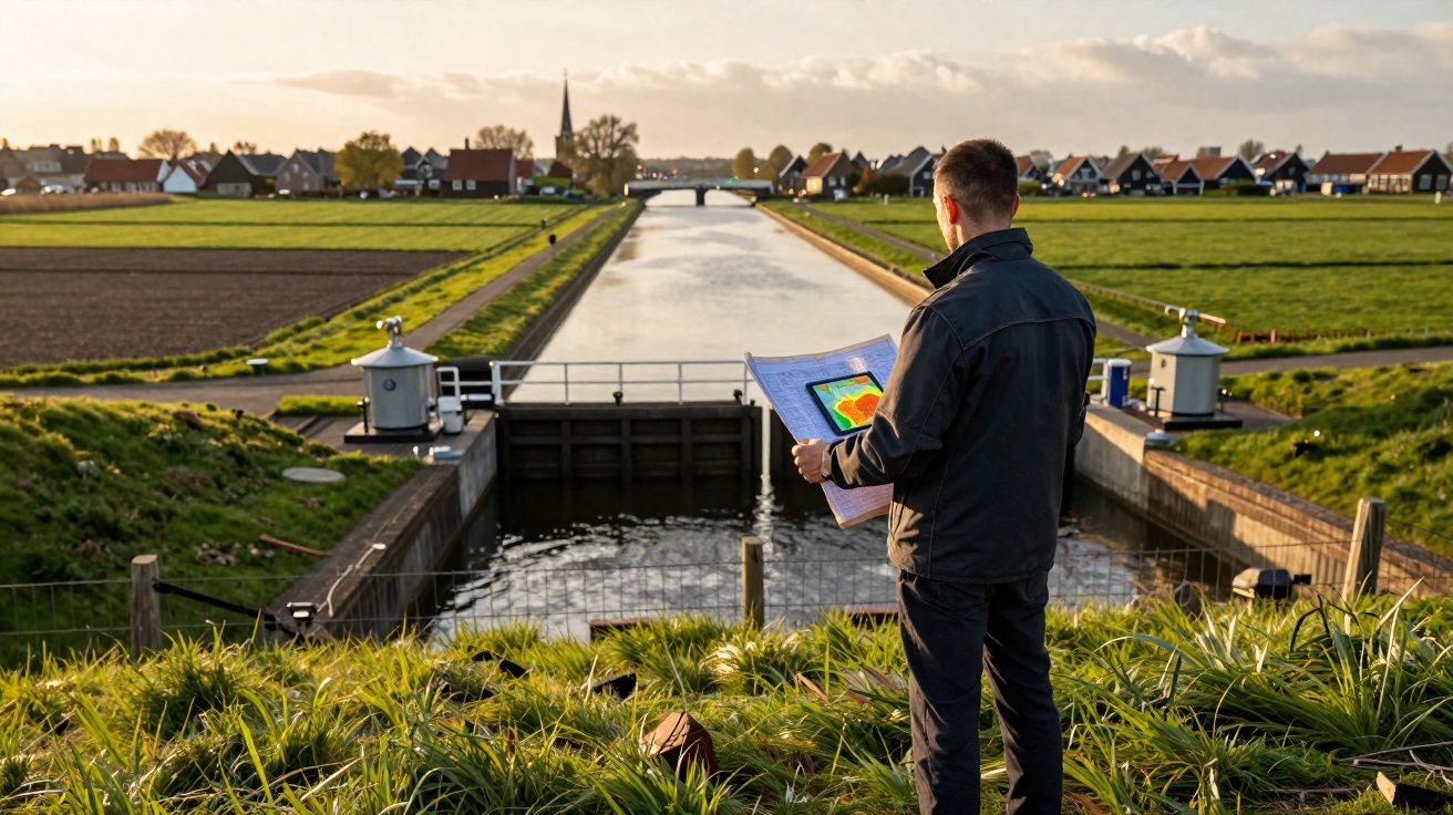 Homem de costas com planta na mão, junto a canal de água e paisagem rural ao pôr do sol.