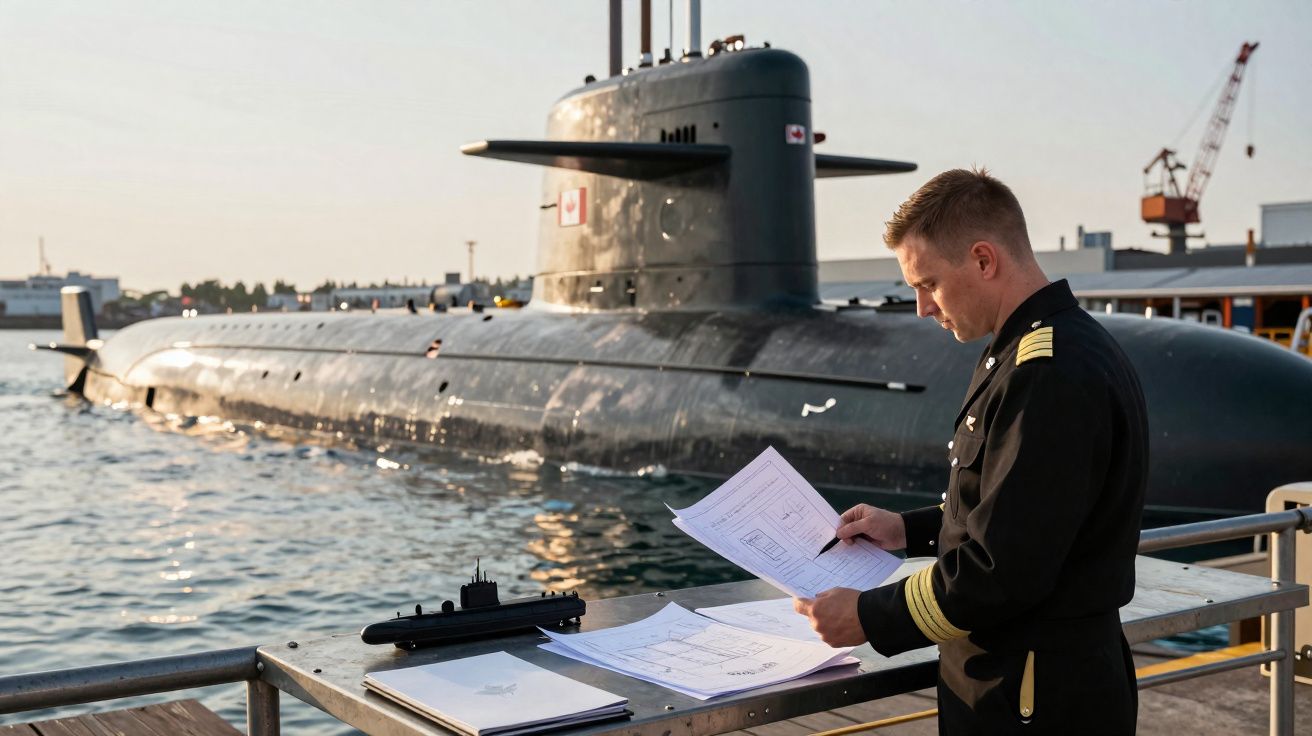 Oficial naval a verificar plantas junto a um submarino atracado num cais ao pôr do sol.