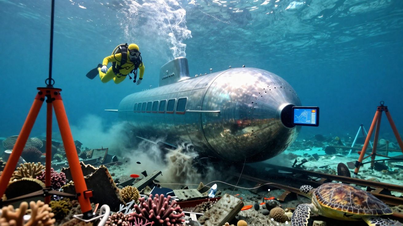 Mergulhador em roupa amarela explora submarino metálico no fundo do oceano perto de corais, tartaruga e detritos.