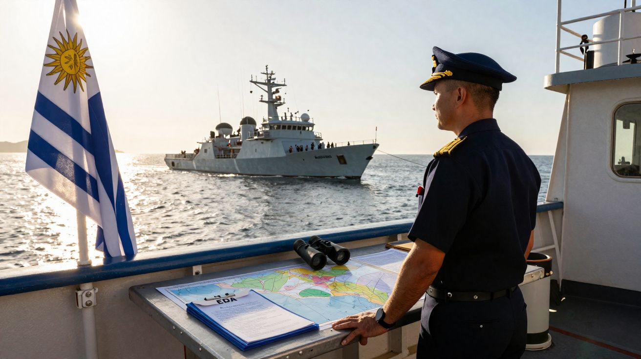 Oficial naval a bordo de navio observando outro navio no mar com bandeira do Uruguai ao pôr do sol.
