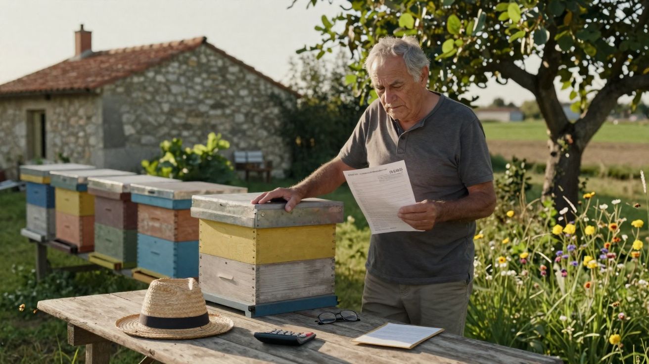 Homem idoso a ler documento junto a colmeias de abelhas num campo rural com flores e uma casa de pedra ao fundo.