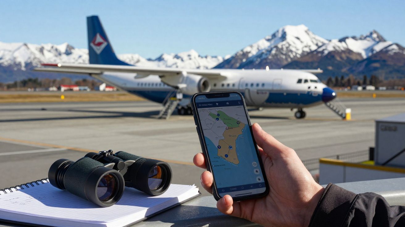 Pessoa segura telemóvel com mapa, binóculos e caderno numa mesa no aeroporto com avião e montanhas ao fundo.