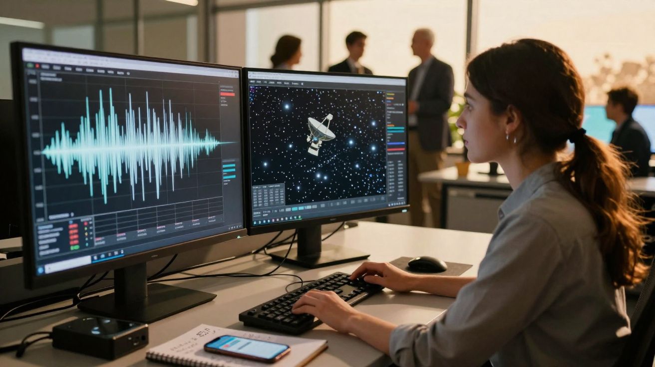 Mulher a trabalhar em computador com imagens de satélite e gráficos em ecrãs duplos num escritório moderno.